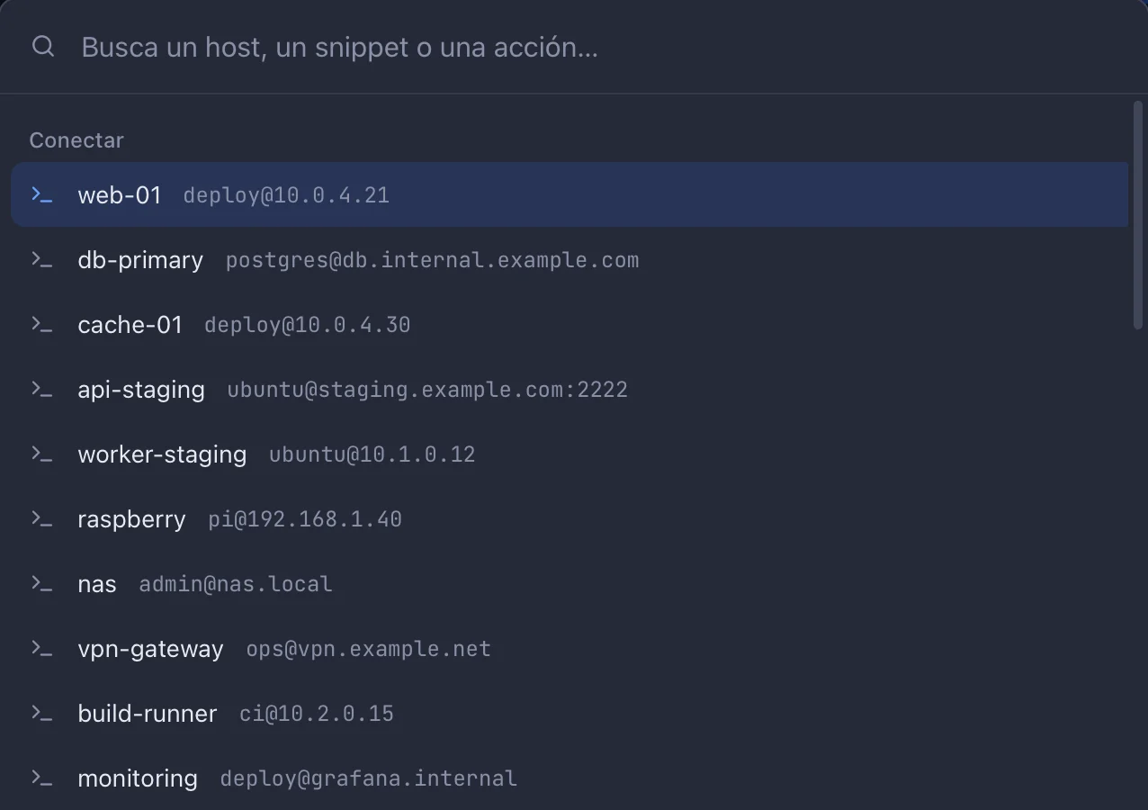 Paleta de comandos de Nodo con la lista de hosts y web-01 seleccionado
