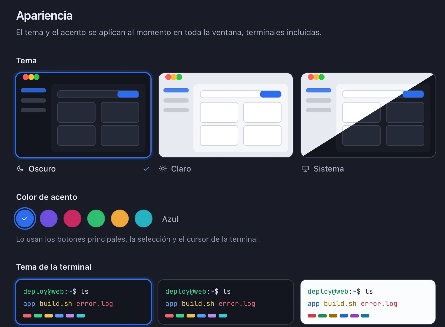 Ajustes de apariencia de Nodo con tema, acento y temas de terminal
