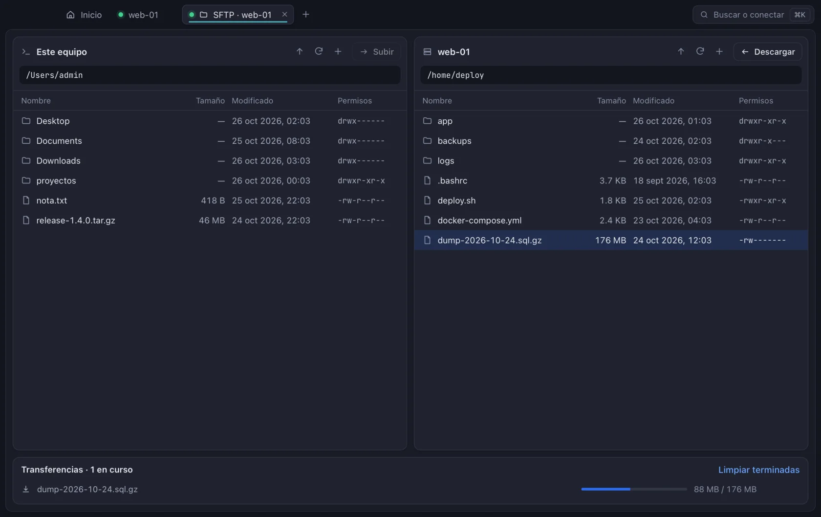 Explorador SFTP de Nodo con una descarga en curso